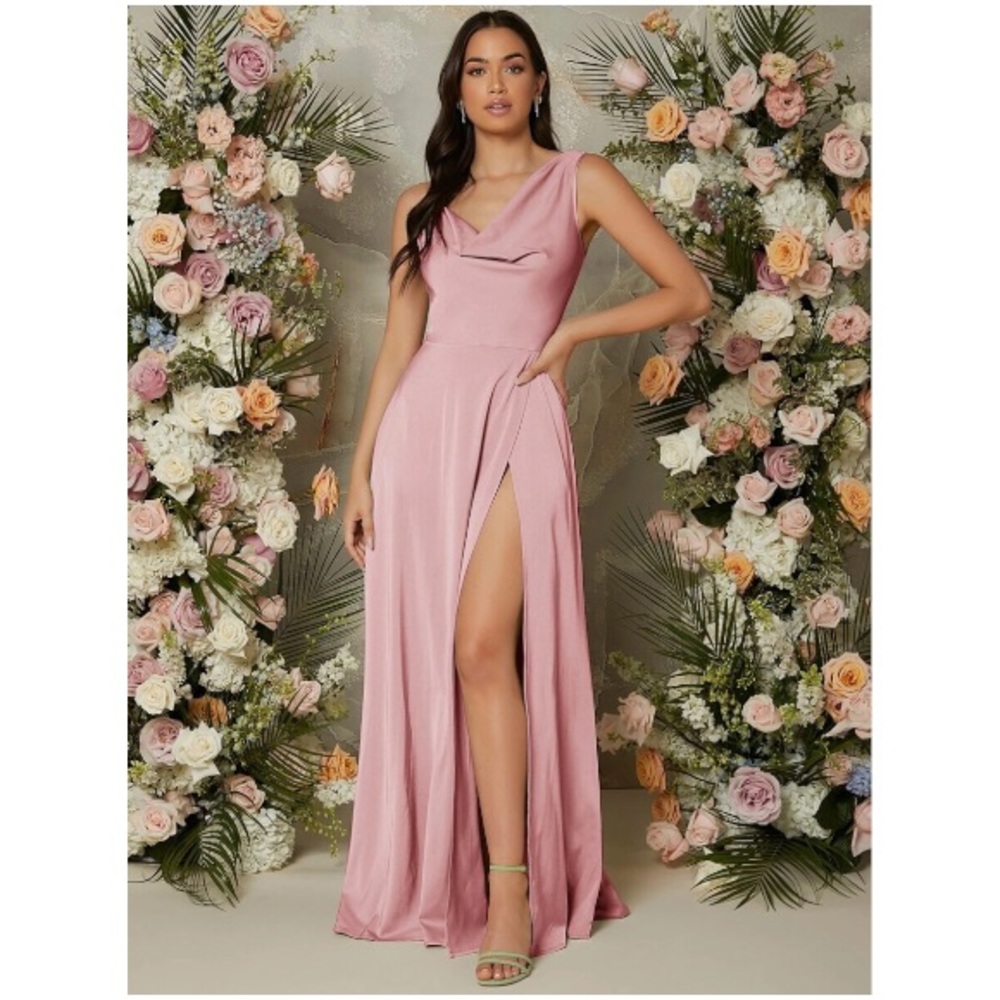 Glam Pink Bridesmaid Satin A Line Dress - Picture 2 of 5